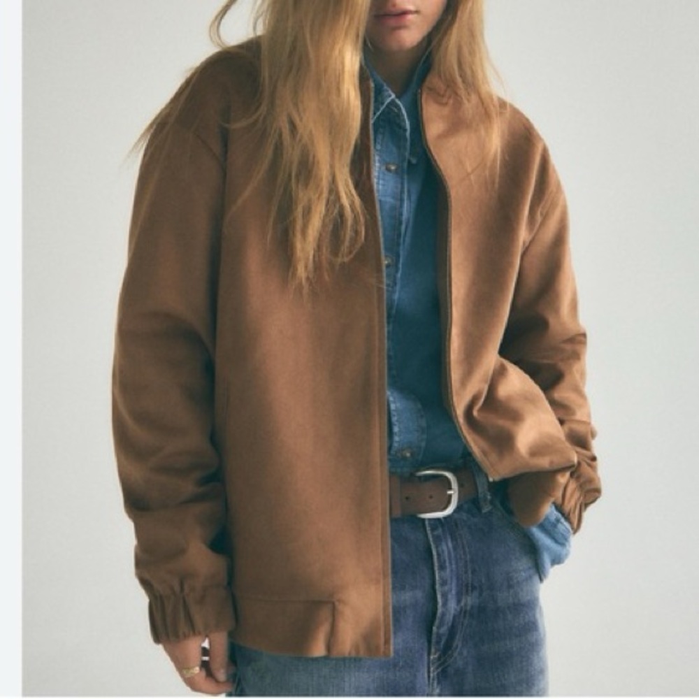 Zara NWT faux suede tan brown bomber jacket - Picture 2 of 6